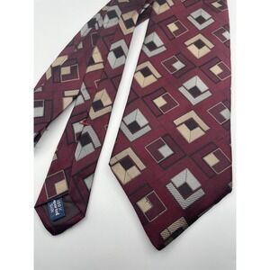 Zylos George Machado Mens Silk Necktie Burgundy Geometric Square Pattern Classic